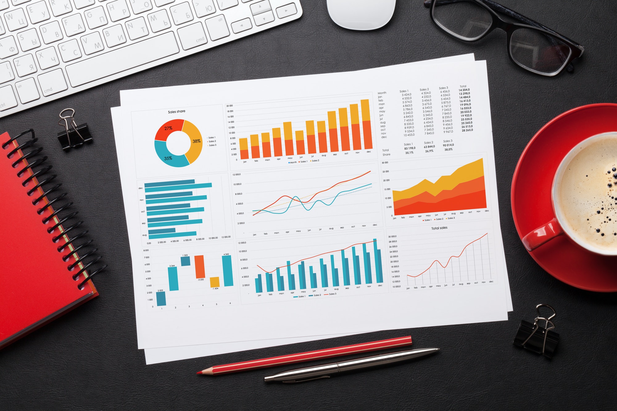 Office workplace table with reports