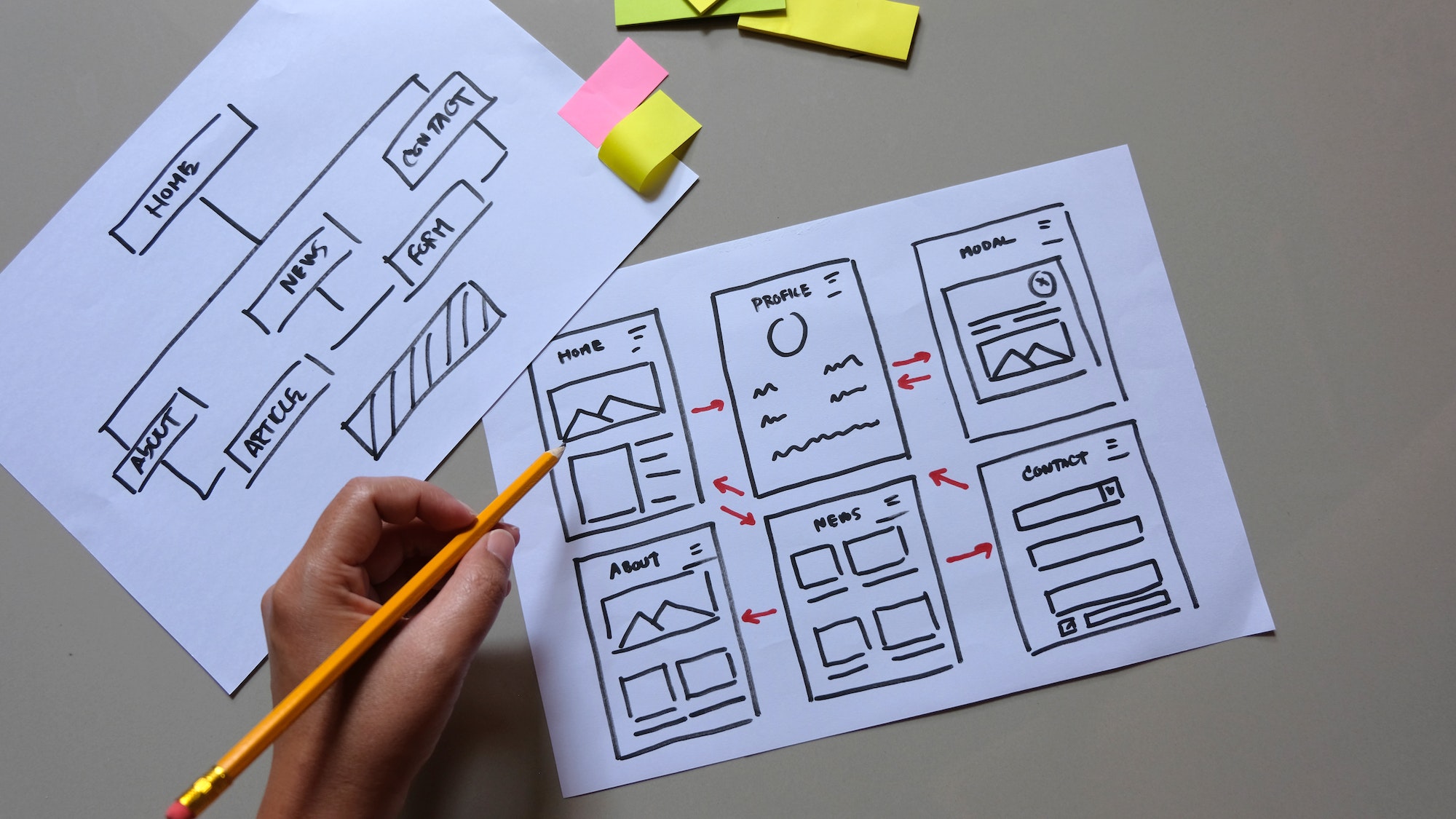 person's hand holding a pencil over paper sketches of website wireframes